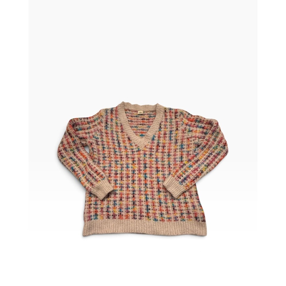 Anthropologie Current Air Vibrant Sweater Confetti Rainbow Grid V-Neck Size S/M